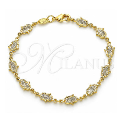 Oro Laminado Fancy Bracelet, Gold Filled Style Hand of God and Judaica Design, Polished, Golden Finish, 03.326.0017.08 (07 MM Thickness, 8 Inches Length)