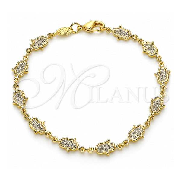 Oro Laminado Fancy Bracelet, Gold Filled Style Hand of God and Judaica Design, Polished, Golden Finish, 03.326.0017.08 (07 MM Thickness, 8 Inches Length)
