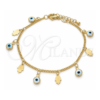 Oro Laminado Charm Bracelet, Gold Filled Style Judaica and Evil Eye Design, White Resin Finish, Golden Finish, 03.169.0005.08 (02 MM Thickness, 8 Inches Length)