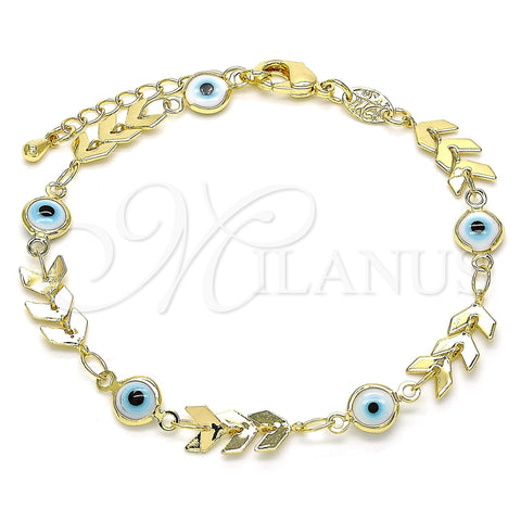 Oro Laminado Fancy Bracelet, Gold Filled Style Evil Eye Design, White Resin Finish, Golden Finish, 03.169.0006.07 (06 MM Thickness, 7 Inches Length)