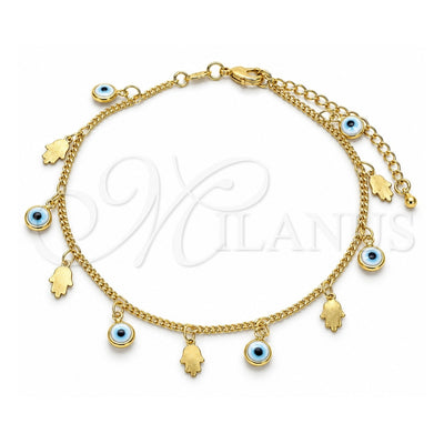 Oro Laminado Charm Anklet , Gold Filled Style Judaica and Evil Eye Design, White Resin Finish, Golden Finish, 03.169.0005.10 (02 MM Thickness, 10 Inches Length)
