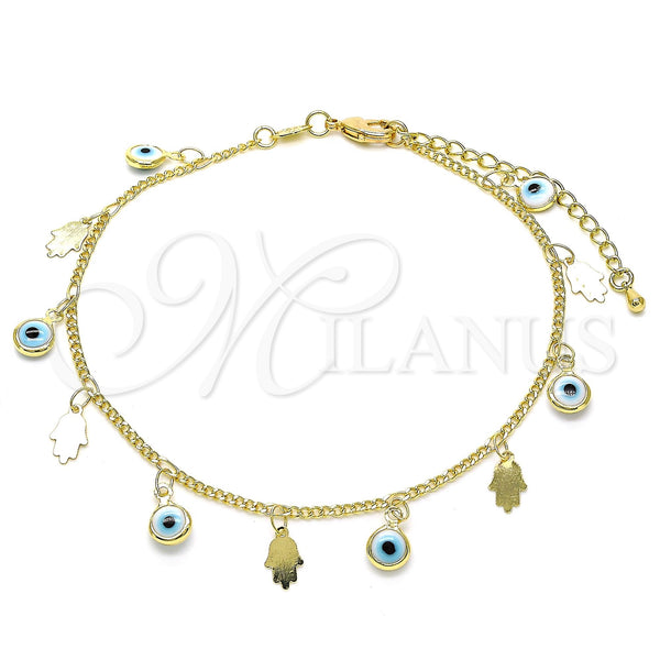 Oro Laminado Charm Anklet , Gold Filled Style Evil Eye and Hand of God Design, White Resin Finish, Golden Finish, 03.169.0005.10 (02 MM Thickness, 10 Inches Length)