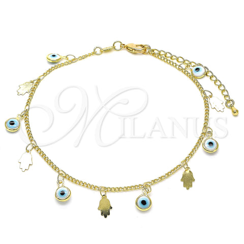 Oro Laminado Charm Anklet , Gold Filled Style Evil Eye and Hand of God Design, White Resin Finish, Golden Finish, 03.169.0005.10 (02 MM Thickness, 10 Inches Length)