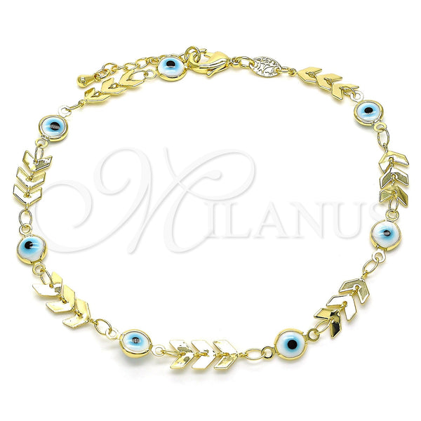 Oro Laminado Fancy Anklet, Gold Filled Style Evil Eye Design, White Resin Finish, Golden Finish, 03.169.0006.10 (06 MM Thickness, 10 Inches Length)