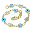 Oro Laminado Fancy Bracelet, Gold Filled Style Evil Eye and Hand of God Design, Turquoise Resin Finish, Golden Finish, 03.326.0007.3.06 (07 MM Thickness, 6 Inches Length)