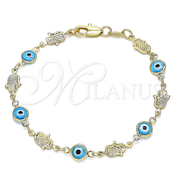 Oro Laminado Fancy Bracelet, Gold Filled Style Evil Eye and Hand of God Design, Turquoise Resin Finish, Golden Finish, 03.326.0007.3.08 (07 MM Thickness, 8 Inches Length)