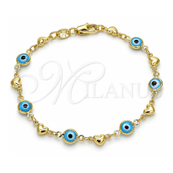 Oro Laminado Fancy Bracelet, Gold Filled Style Evil Eye and Heart Design, Turquoise Resin Finish, Golden Finish, 03.326.0008.3.08 (07 MM Thickness, 8 Inches Length)