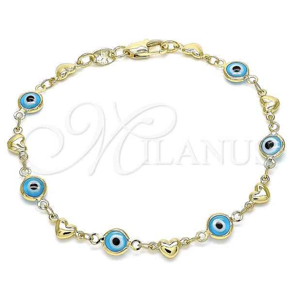 Oro Laminado Fancy Bracelet, Gold Filled Style Evil Eye and Heart Design, Turquoise Resin Finish, Golden Finish, 03.326.0008.3.08 (07 MM Thickness, 8 Inches Length)