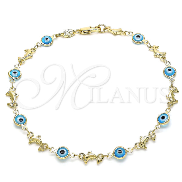 Oro Laminado Fancy Anklet, Gold Filled Style Evil Eye and Dolphin Design, Turquoise Resin Finish, Golden Finish, 03.326.0009.3.10 (07 MM Thickness, 10 Inches Length)