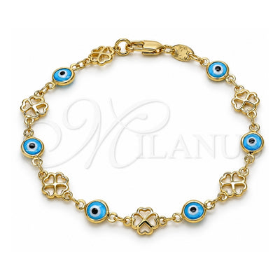 Oro Laminado Fancy Bracelet, Gold Filled Style Evil Eye and Four-leaf Clover Design, Turquoise Resin Finish, Golden Finish, 03.326.0011.3.08 (08 MM Thickness, 8 Inches Length)