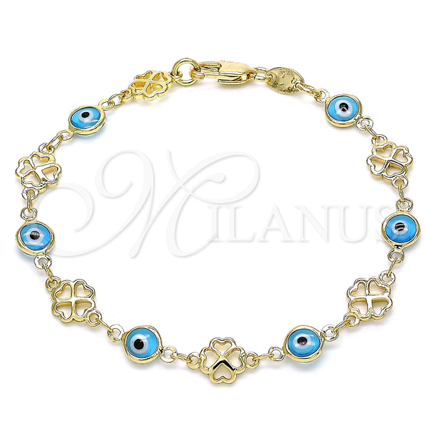 Gold Filled Bracelet — Fancy Bracelet Evil Eye and Four-leaf Clover Design — main product view — SKU 143084 | Oro Laminado brazalete — elegante Bracelet Evil Eye and Four-leaf Clover diseño — SKU 143084