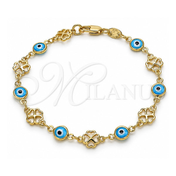 Oro Laminado Fancy Bracelet, Gold Filled Style Evil Eye and Four-leaf Clover Design, Turquoise Resin Finish, Golden Finish, 03.326.0011.3.08 (08 MM Thickness, 8 Inches Length)