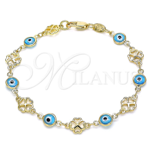 Oro Laminado Fancy Bracelet, Gold Filled Style Evil Eye and Four-leaf Clover Design, Turquoise Resin Finish, Golden Finish, 03.326.0011.3.08 (08 MM Thickness, 8 Inches Length)