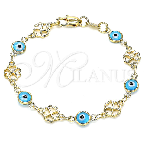 Oro Laminado Fancy Bracelet, Gold Filled Style Evil Eye and Four-leaf Clover Design, Turquoise Resin Finish, Golden Finish, 03.326.0011.3.06 (08 MM Thickness, 6 Inches Length)