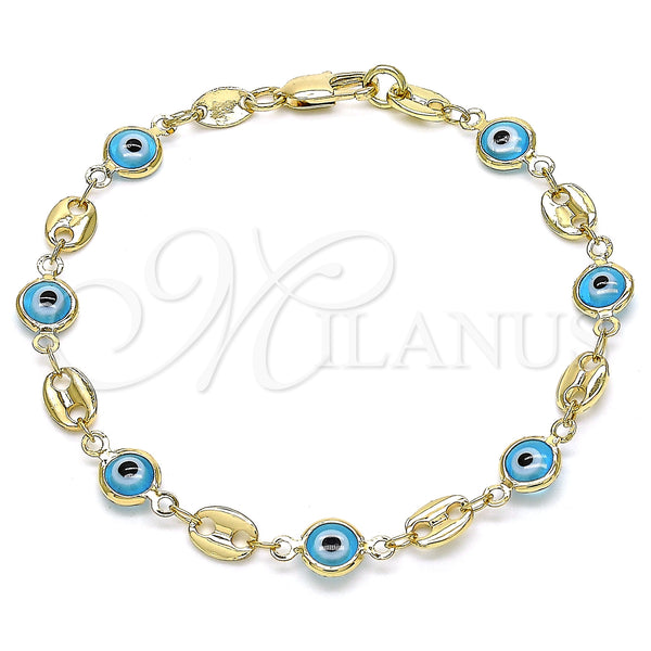 Oro Laminado Fancy Bracelet, Gold Filled Style Evil Eye and Puff Mariner Design, Turquoise Resin Finish, Golden Finish, 03.326.0012.3.08 (07 MM Thickness, 8 Inches Length)
