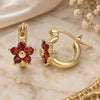 Oro Laminado Small Hoop, Gold Filled Style Flower Design, with Garnet Cubic Zirconia, Polished, Golden Finish, 02.210.0502.1.10