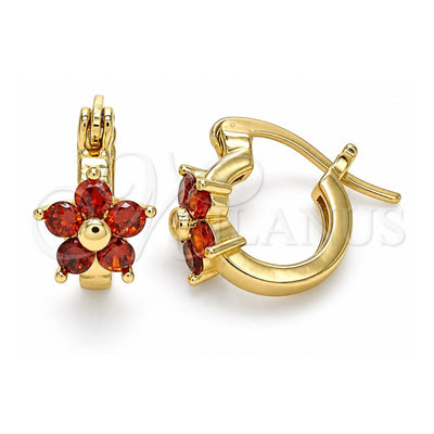 Oro Laminado Small Hoop, Gold Filled Style Flower Design, with Garnet Cubic Zirconia, Polished, Golden Finish, 02.210.0502.1.10