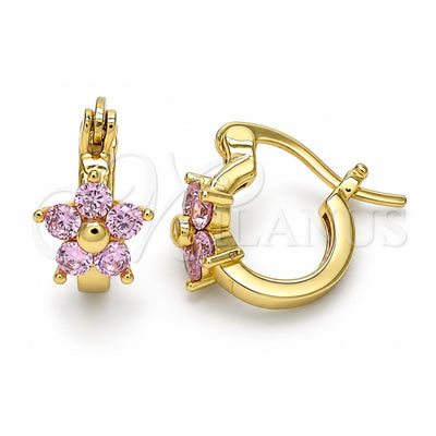 Oro Laminado Small Hoop, Gold Filled Style Flower Design, with Pink Cubic Zirconia, Polished, Golden Finish, 02.210.0502.2.10