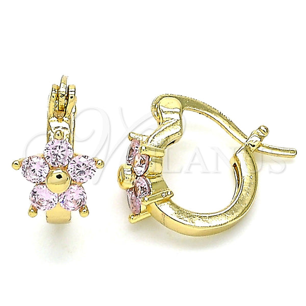 Gold Filled Hoop Earrings — Small Hoop Flower Design with Pink Cubic Zirconia — main product view — SKU 143092 | Oro Laminado aretes de aro — Small Hoop flor diseño with Pink Cubic Zirconia — SKU 143092