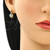 Oro Laminado Small Hoop, Gold Filled Style Flower Design, with Aqua Blue Cubic Zirconia, Polished, Golden Finish, 02.210.0502.4.10