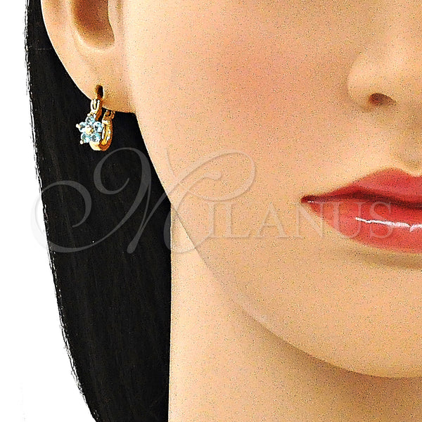 Gold Filled Hoop Earrings — Small Hoop Flower Design with Aqua Blue Cubic — alternate product view — SKU 143094 | Oro Laminado aretes de aro — Small Hoop flor diseño with Aqua Blue Cubic — SKU 143094