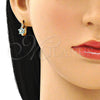 Oro Laminado Small Hoop, Gold Filled Style Flower Design, with Aqua Blue Cubic Zirconia, Polished, Golden Finish, 02.210.0502.4.10