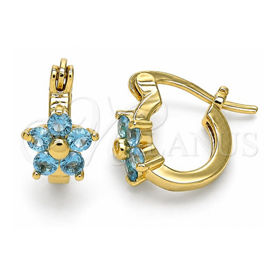 Oro Laminado Small Hoop, Gold Filled Style Flower Design, with Aqua Blue Cubic Zirconia, Polished, Golden Finish, 02.210.0502.4.10