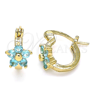 Gold Filled Hoop Earrings — Small Hoop Flower Design with Aqua Blue Cubic — main product view — SKU 143094 | Oro Laminado aretes de aro — Small Hoop flor diseño with Aqua Blue Cubic — SKU 143094