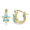 Oro Laminado Small Hoop, Gold Filled Style Flower Design, with Aqua Blue Cubic Zirconia, Polished, Golden Finish, 02.210.0502.4.10