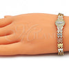 Oro Laminado Fancy Bracelet, Gold Filled Style Guadalupe and Flower Design, with White Micro Pave, Diamond Cutting Finish, Tricolor, 03.380.0098.07 (08 MM Thickness, 7 Inches Length)