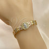 Oro Laminado Fancy Bracelet, Gold Filled Style Guadalupe and Flower Design, with White Micro Pave, Diamond Cutting Finish, Tricolor, 03.380.0098.07 (08 MM Thickness, 7 Inches Length)