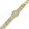 Oro Laminado Fancy Bracelet, Gold Filled Style Guadalupe and Flower Design, with White Micro Pave, Diamond Cutting Finish, Tricolor, 03.380.0098.07 (08 MM Thickness, 7 Inches Length)