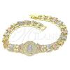Oro Laminado Fancy Bracelet, Gold Filled Style Guadalupe and Flower Design, with White Micro Pave, Diamond Cutting Finish, Tricolor, 03.380.0098.07 (08 MM Thickness, 7 Inches Length)