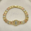 Oro Laminado Fancy Bracelet, Gold Filled Style Guadalupe and Flower Design, with White Micro Pave, Diamond Cutting Finish, Tricolor, 03.380.0098.07 (08 MM Thickness, 7 Inches Length)