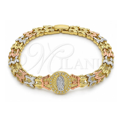 Oro Laminado Fancy Bracelet, Gold Filled Style Guadalupe and Flower Design, with White Micro Pave, Diamond Cutting Finish, Tricolor, 03.380.0098.07 (08 MM Thickness, 7 Inches Length)