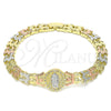 Oro Laminado Fancy Bracelet, Gold Filled Style Guadalupe and Flower Design, with White Micro Pave, Diamond Cutting Finish, Tricolor, 03.380.0098.07 (08 MM Thickness, 7 Inches Length)