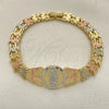 Oro Laminado Fancy Bracelet, Gold Filled Style Guadalupe and Flower Design, Diamond Cutting Finish, Tricolor, 03.380.0099.07 (08 MM Thickness, 7 Inches Length)
