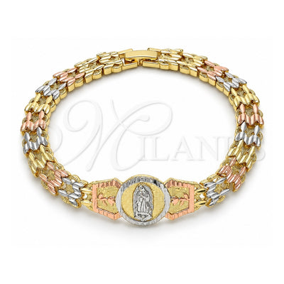 Oro Laminado Fancy Bracelet, Gold Filled Style Guadalupe and Flower Design, Diamond Cutting Finish, Tricolor, 03.380.0099.07 (08 MM Thickness, 7 Inches Length)