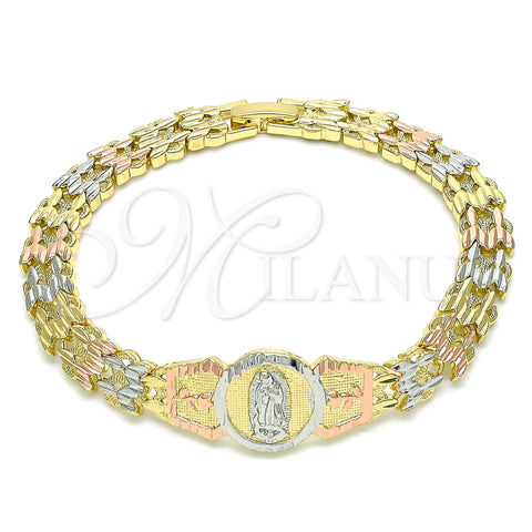 Oro Laminado Fancy Bracelet, Gold Filled Style Guadalupe and Flower Design, Diamond Cutting Finish, Tricolor, 03.380.0099.07 (08 MM Thickness, 7 Inches Length)