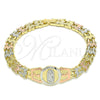 Oro Laminado Fancy Bracelet, Gold Filled Style Guadalupe and Flower Design, Diamond Cutting Finish, Tricolor, 03.380.0099.07 (08 MM Thickness, 7 Inches Length)