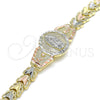 Oro Laminado Fancy Bracelet, Gold Filled Style Guadalupe and Flower Design, Diamond Cutting Finish, Tricolor, 03.380.0100.07