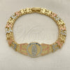 Oro Laminado Fancy Bracelet, Gold Filled Style Guadalupe and Flower Design, Diamond Cutting Finish, Tricolor, 03.380.0100.07