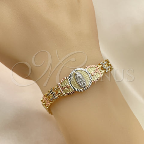 Oro Laminado Fancy Bracelet, Gold Filled Style Guadalupe and Flower Design, Diamond Cutting Finish, Tricolor, 03.380.0100.07 (08 MM Thickness, 7 Inches Length)