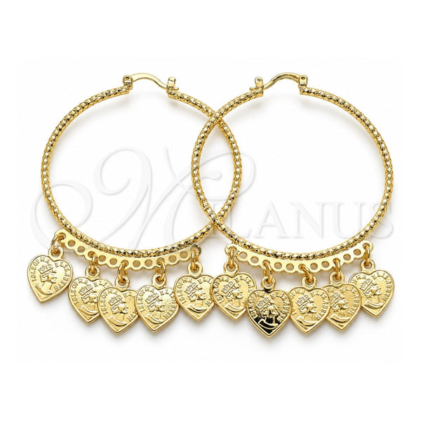 Oro Laminado Large Hoop, Gold Filled Style Heart Design, Diamond Cutting Finish, Golden Finish, 02.380.0071.50