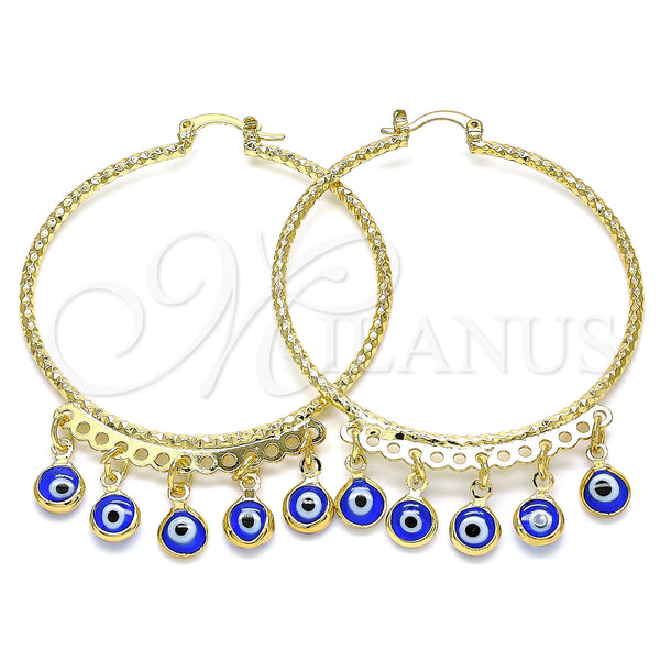 Gold Filled Hoop Earrings — Large Hoop Evil Eye Design Blue Resin 02. — main product view — SKU 143105 | Oro Laminado aretes de aro — Large Hoop Evil Eye diseño Blue Resin 02. — SKU 143105