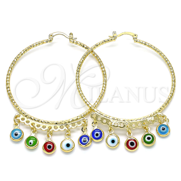Gold Filled Hoop Earrings — Large Hoop Evil Eye Design Multicolor Resin 02. — main product view — SKU 143106 | Oro Laminado aretes de aro — Large Hoop Evil Eye diseño Multicolor Resin 02. — SKU 143106