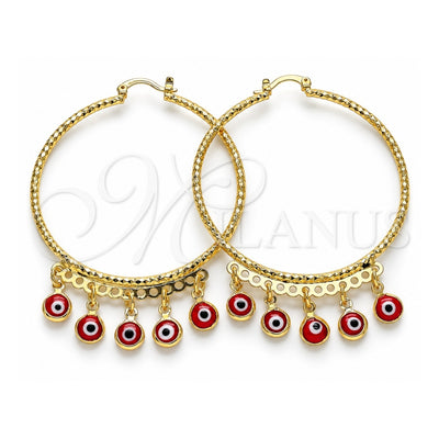 Oro Laminado Large Hoop, Gold Filled Style Evil Eye Design, Red Resin Finish, Golden Finish, 02.380.0072.3.50