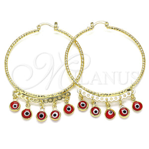 Gold Filled Hoop Earrings — Large Hoop Evil Eye Design Red Resin 02. — main product view — SKU 143107 | Oro Laminado aretes de aro — Large Hoop Evil Eye diseño Red Resin 02. — SKU 143107