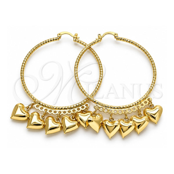 Oro Laminado Large Hoop, Gold Filled Style Heart Design, Diamond Cutting Finish, Golden Finish, 02.380.0022.1.50