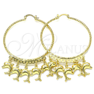 Gold Filled Hoop Earrings — Large Hoop Dolphin Design Diamond Cutting 02. — main product view — SKU 143109 | Oro Laminado aretes de aro — Large Hoop Dolphin diseño Diamond Cutting 02. — SKU 143109